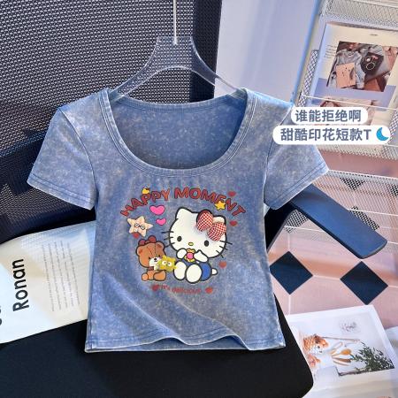 BY10395# 水洗做旧美式复古短袖T恤女新款设计感小众U领短款上衣 服裝批發女裝批發服飾貨源