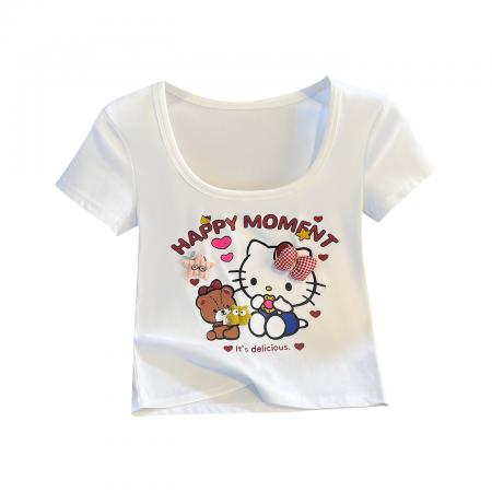 BY10395# 水洗做旧美式复古短袖T恤女新款设计感小众U领短款上衣 服裝批發女裝批發服飾貨源