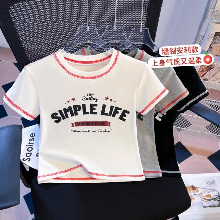 BY10396# 美式设计感短袖T恤女新款爆款小个子短款辣妹紧身上衣 服裝批發女裝批發服飾貨源