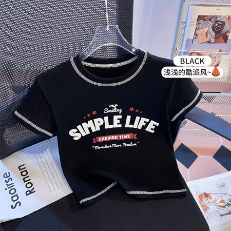 BY10396# 美式设计感短袖T恤女新款爆款小个子短款辣妹紧身上衣 服裝批發女裝批發服飾貨源