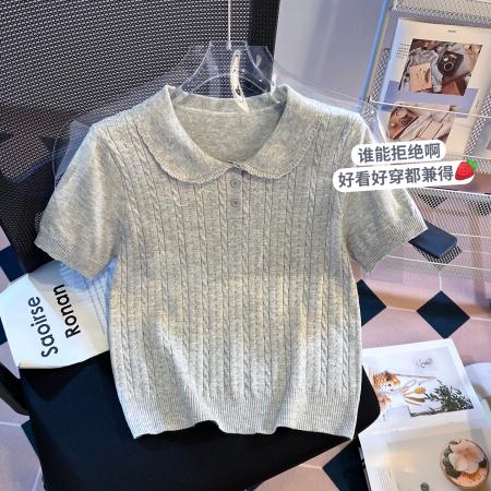 BY10398# 针织polo领短袖T恤女夏季新款正肩修身显瘦小个子上衣 服裝批發女裝批發服飾貨源