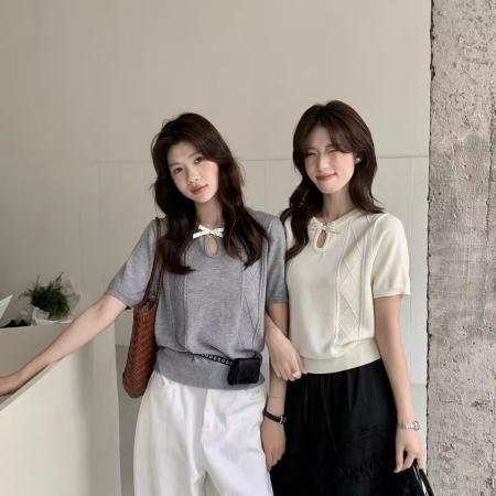 BY10399# 氛围感修身黄色短袖圆领针织衫女春季设计感麻花镂空内搭上衣 服裝批發女裝批發服飾貨源