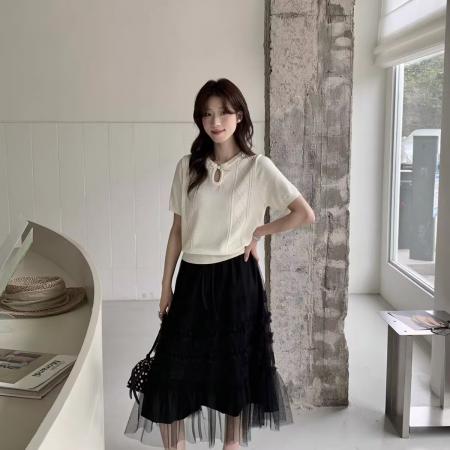 BY10399# 氛围感修身黄色短袖圆领针织衫女春季设计感麻花镂空内搭上衣 服裝批發女裝批發服飾貨源