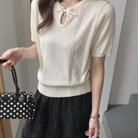 BY10399# 氛围感修身黄色短袖圆领针织衫女春季设计感麻花镂空内搭上衣 服裝批發女裝批發服飾貨源