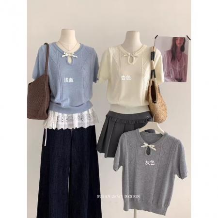 BY10399# 氛围感修身黄色短袖圆领针织衫女春季设计感麻花镂空内搭上衣 服裝批發女裝批發服飾貨源