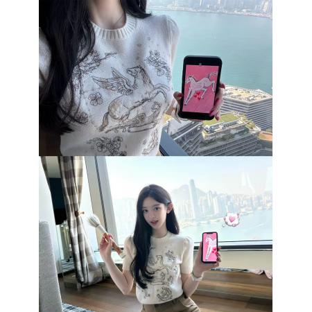 BY10400# 早安樊樊新年小马100绵羊毛重工刺绣显瘦正肩针织短袖上衣女 服裝批發女裝批發服飾貨源