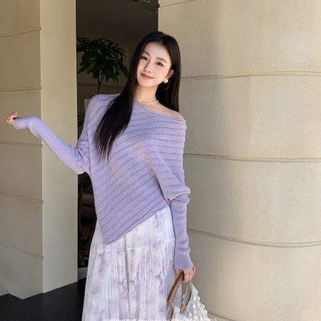 BY10401# 春季新款气质不规则设计感蝙蝠袖长袖针织衫含4羊毛 服裝批發女裝批發服飾貨源