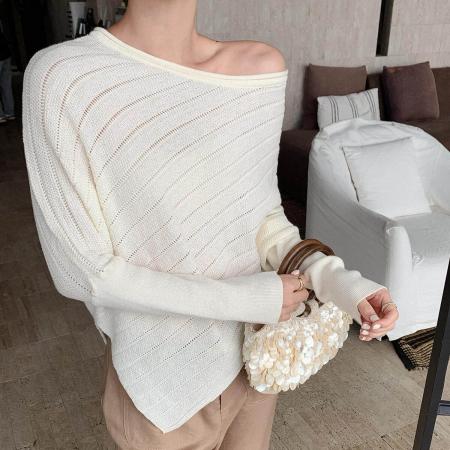 BY10401# 春季新款气质不规则设计感蝙蝠袖长袖针织衫含4羊毛 服裝批發女裝批發服飾貨源