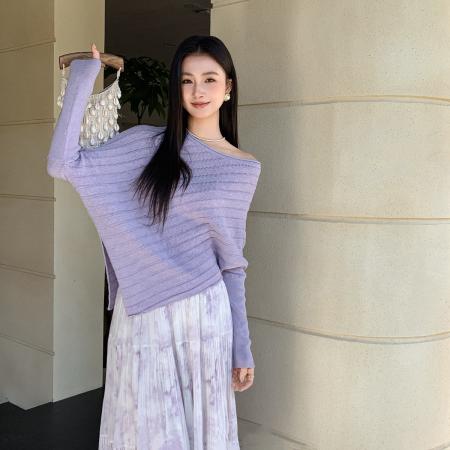 BY10401# 春季新款气质不规则设计感蝙蝠袖长袖针织衫含4羊毛 服裝批發女裝批發服飾貨源