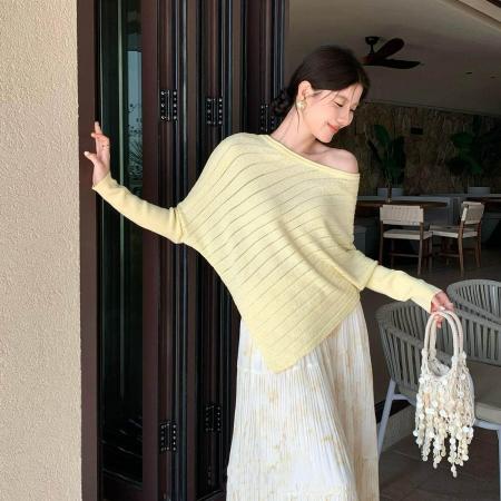 BY10401# 春季新款气质不规则设计感蝙蝠袖长袖针织衫含4羊毛 服裝批發女裝批發服飾貨源