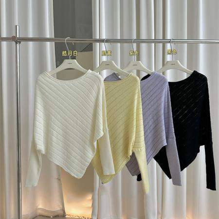 BY10401# 春季新款气质不规则设计感蝙蝠袖长袖针织衫含4羊毛 服裝批發女裝批發服飾貨源