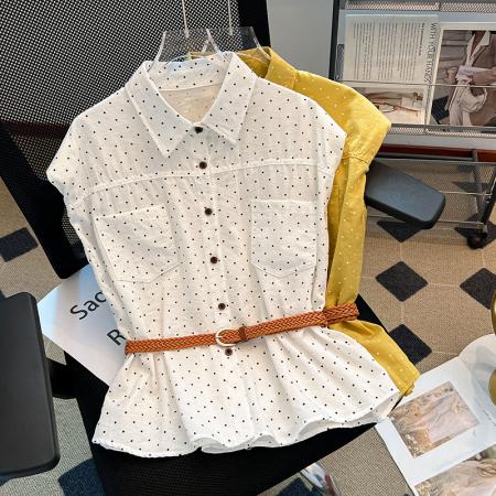 BY10402# 黄色波点Polo领坎肩衬衫女夏款垫肩设计感小飞袖上衣 服裝批發女裝批發服飾貨源