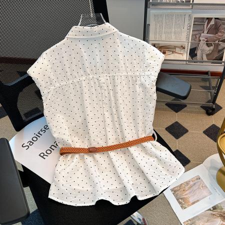 BY10402# 黄色波点Polo领坎肩衬衫女夏款垫肩设计感小飞袖上衣 服裝批發女裝批發服飾貨源