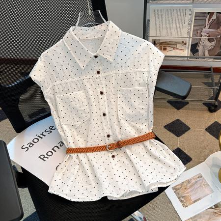 BY10402# 黄色波点Polo领坎肩衬衫女夏款垫肩设计感小飞袖上衣 服裝批發女裝批發服飾貨源