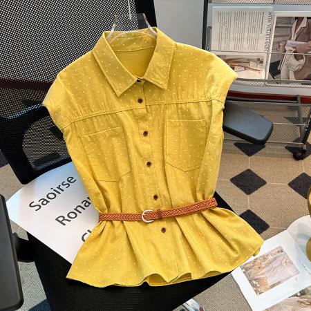 BY10402# 黄色波点Polo领坎肩衬衫女夏款垫肩设计感小飞袖上衣 服裝批發女裝批發服飾貨源