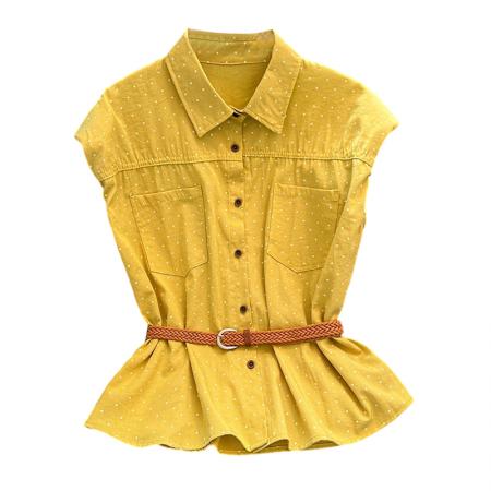 BY10402# 黄色波点Polo领坎肩衬衫女夏款垫肩设计感小飞袖上衣 服裝批發女裝批發服飾貨源