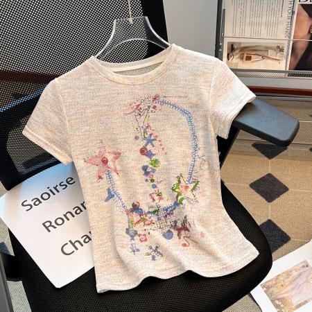 BY10403# 设计感涂鸦印花正肩短袖T恤女夏季小众修身显瘦圆领短款针织上衣 服裝批發女裝批發服飾貨源