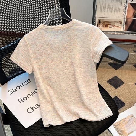 BY10403# 设计感涂鸦印花正肩短袖T恤女夏季小众修身显瘦圆领短款针织上衣 服裝批發女裝批發服飾貨源