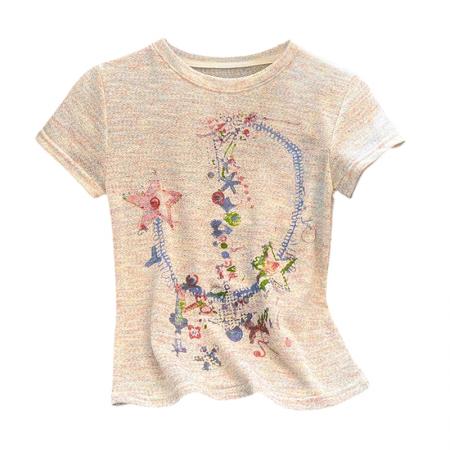 BY10403# 设计感涂鸦印花正肩短袖T恤女夏季小众修身显瘦圆领短款针织上衣 服裝批發女裝批發服飾貨源