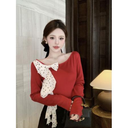 BY10405# 设计感高级感一字肩T恤红色长袖上衣春季内搭打底衫女 服裝批發女裝批發服飾貨源