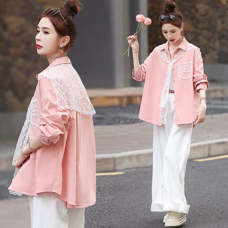 BY10407# 春季新款蕾丝拼接洗水棉休闲衬衣女宽松百搭甜美衬衫外套 服裝批發女裝批發服飾貨源