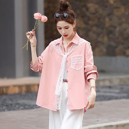 BY10407# 春季新款蕾丝拼接洗水棉休闲衬衣女宽松百搭甜美衬衫外套 服裝批發女裝批發服飾貨源