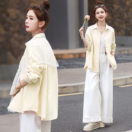 BY10407# 春季新款蕾丝拼接洗水棉休闲衬衣女宽松百搭甜美衬衫外套 服裝批發女裝批發服飾貨源