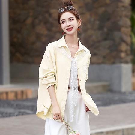 BY10407# 春季新款蕾丝拼接洗水棉休闲衬衣女宽松百搭甜美衬衫外套 服裝批發女裝批發服飾貨源