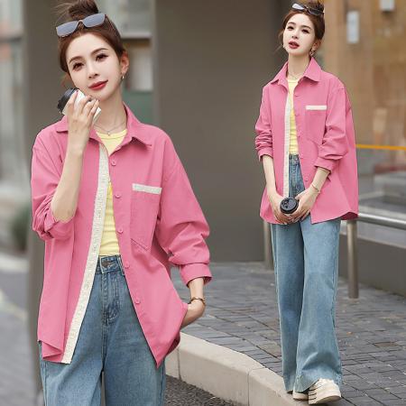 BY10408# 设计感蕾丝拼接甜美长袖衬衫女早春新款宽松休闲外套上衣 服裝批發女裝批發服飾貨源