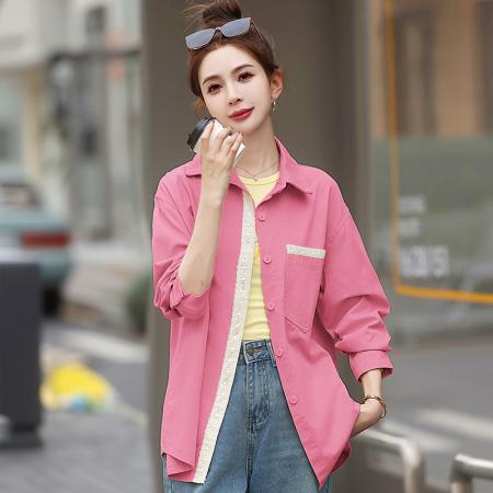 BY10408# 设计感蕾丝拼接甜美长袖衬衫女早春新款宽松休闲外套上衣 服裝批發女裝批發服飾貨源