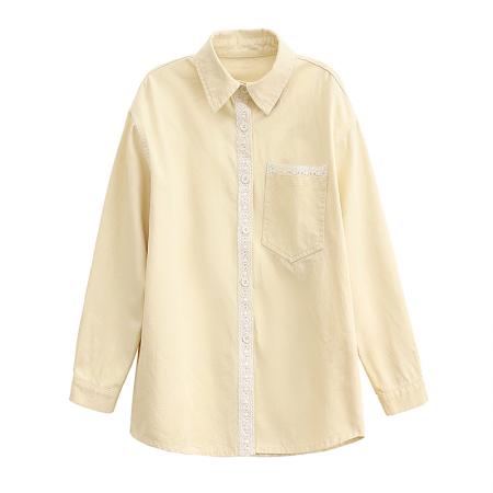 BY10408# 设计感蕾丝拼接甜美长袖衬衫女早春新款宽松休闲外套上衣 服裝批發女裝批發服飾貨源