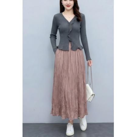 BY10410# 时髦洋气套装春新款V领花边针织毛衣半身裙两件套 服裝批發女裝批發服飾貨源