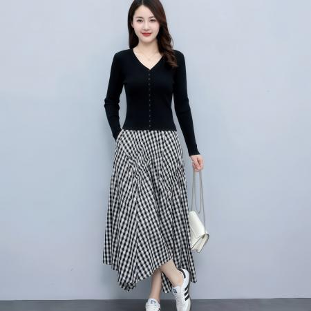 BY10411# 小众调性春夏季新款长袖针织上衣格纹半身裙两件套 服裝批發女裝批發服飾貨源