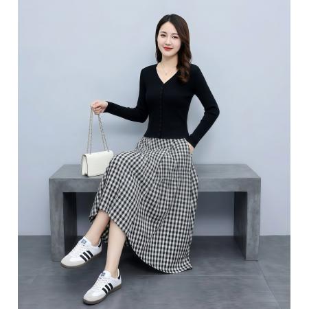 BY10411# 小众调性春夏季新款长袖针织上衣格纹半身裙两件套 服裝批發女裝批發服飾貨源