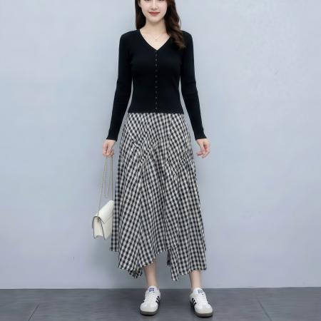 BY10411# 小众调性春夏季新款长袖针织上衣格纹半身裙两件套 服裝批發女裝批發服飾貨源