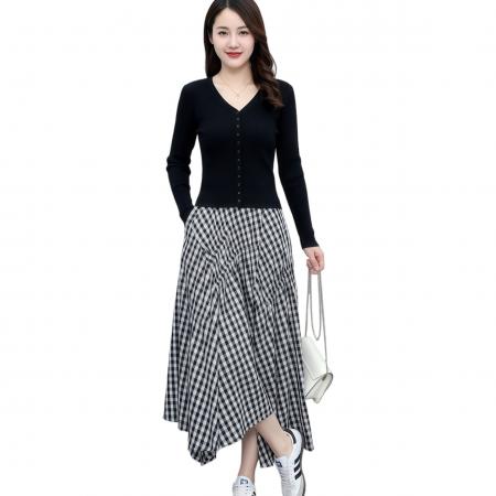 BY10411# 小众调性春夏季新款长袖针织上衣格纹半身裙两件套 服裝批發女裝批發服飾貨源