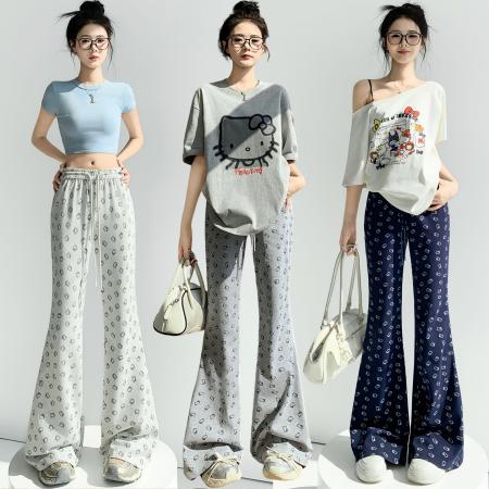 BY10412# 印花微喇裤女夏季高腰显瘦运动裤直筒休闲卫裤喇叭拖地裤 服裝批發女裝批發服飾貨源