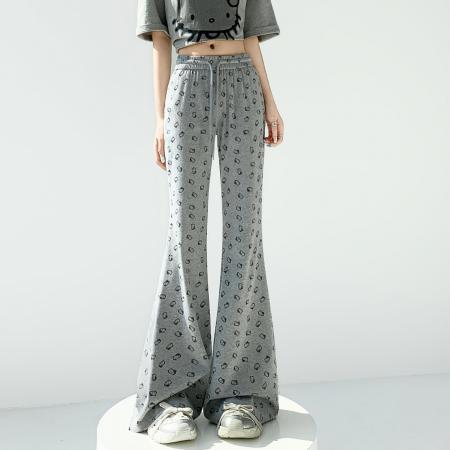 BY10412# 印花微喇裤女夏季高腰显瘦运动裤直筒休闲卫裤喇叭拖地裤 服裝批發女裝批發服飾貨源