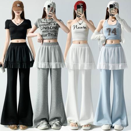 BY10413# 网纱拼接屁帘空气棉微喇裤女春夏高腰显瘦休闲拖地喇叭裤 服裝批發女裝批發服飾貨源