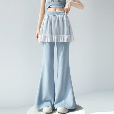 BY10413# 网纱拼接屁帘空气棉微喇裤女春夏高腰显瘦休闲拖地喇叭裤 服裝批發女裝批發服飾貨源