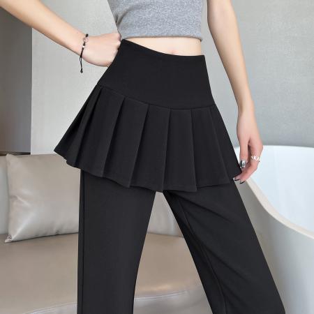 BY10414# 假两件百褶屁帘微喇裤女春季新款弹力高腰显瘦休闲喇叭裤 服裝批發女裝批發服飾貨源