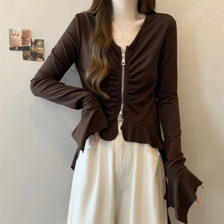 BY10416# 大码女装春装新款不规则双拉链设计感修身显瘦长袖T恤上衣 服裝批發女裝批發服飾貨源