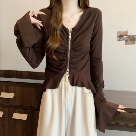 BY10416# 大码女装春装新款不规则双拉链设计感修身显瘦长袖T恤上衣 服裝批發女裝批發服飾貨源