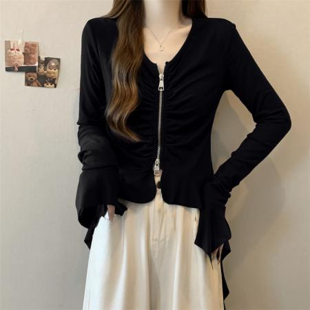 BY10416# 大码女装春装新款不规则双拉链设计感修身显瘦长袖T恤上衣 服裝批發女裝批發服飾貨源