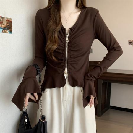 BY10416# 大码女装春装新款不规则双拉链设计感修身显瘦长袖T恤上衣 服裝批發女裝批發服飾貨源
