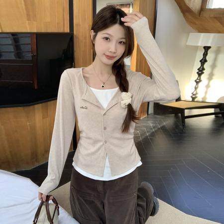 BY10417# 大码休闲长袖针织t恤女早春假两件正肩T恤遮肉显瘦长袖上衣 服裝批發女裝批發服飾貨源