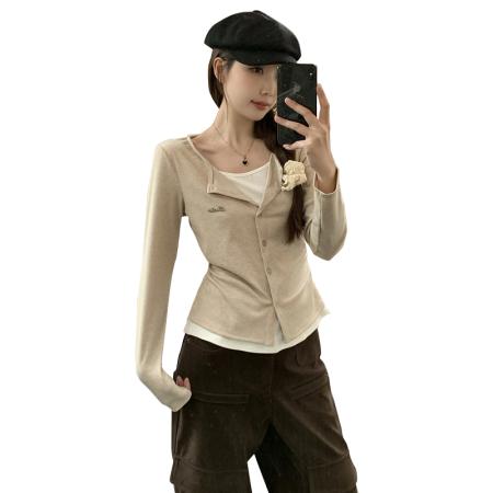 BY10417# 大码休闲长袖针织t恤女早春假两件正肩T恤遮肉显瘦长袖上衣 服裝批發女裝批發服飾貨源