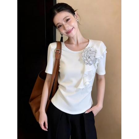 BY10418# 时尚法式立体花朵荷叶边白色短袖T恤女夏季新款圆领百搭上衣 服裝批發女裝批發服飾貨源
