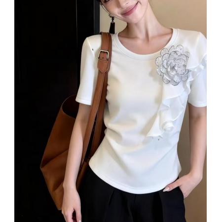 BY10418# 时尚法式立体花朵荷叶边白色短袖T恤女夏季新款圆领百搭上衣 服裝批發女裝批發服飾貨源