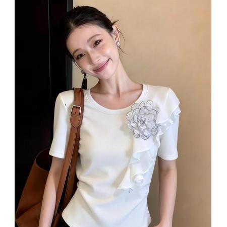 BY10418# 时尚法式立体花朵荷叶边白色短袖T恤女夏季新款圆领百搭上衣 服裝批發女裝批發服飾貨源